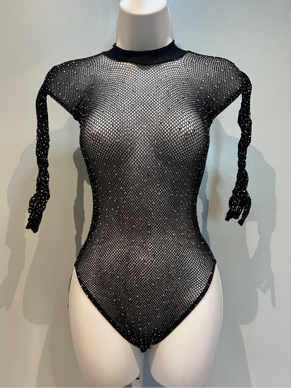 Bejeweled Black Fishnet Lingerie Bodysuit NWOT